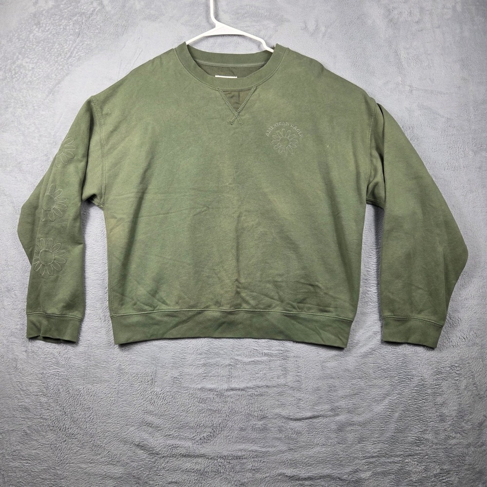 American Eagle Sweatshirt Womens Medium Green Good Floral Sleeve Crewneck